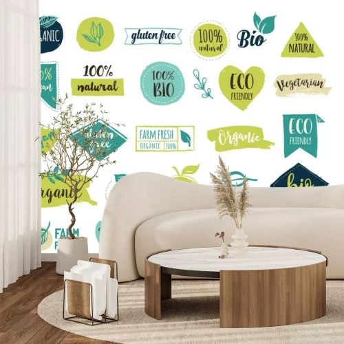 Sticker Bio, Ecologie, biologische logo's en pictogrammen, labels, markeringen. Hand getrokken bio gezond voedsel badges, set van rauwe, veganistisch, gezond voedsel tekenen, biologische en elementen set