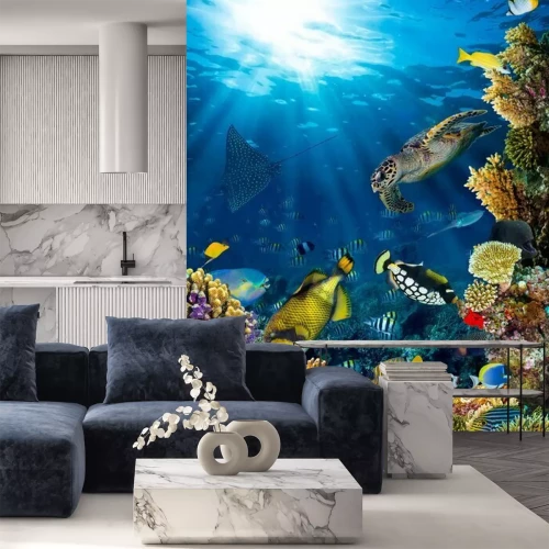 Fotobehang Zeeschildpad vissen en koraalrif