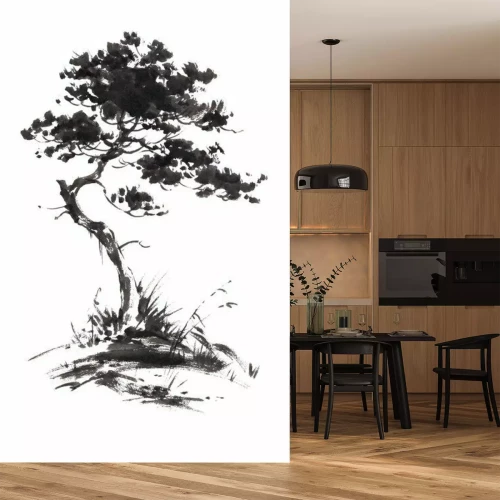 Sticker Inkt illustratie van de groeiende den boom met wat gras. Sumi-e, u-sin, gohua schilderen stijl. Silhouet gemaakt van zwarte penseelstreken op een witte achtergrond.