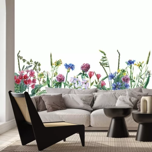 Sticker Panoramisch uitzicht op wilde weide bloemen en gras op een witte achtergrond. Horizontale rand met bloemen en kruiden. Aquarel hand schilderij illustratie.