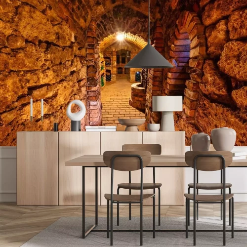 Fotobehang Flessen wijn in een kleine wijngaard