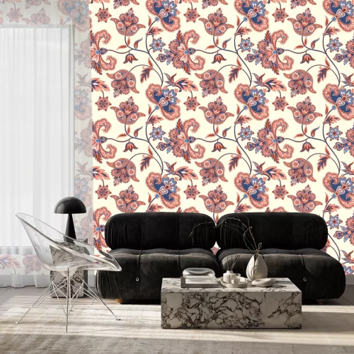 Behang Bloemenpatroon. Floreren retro achtergrond. Tak met fantastische bloemen en bladeren