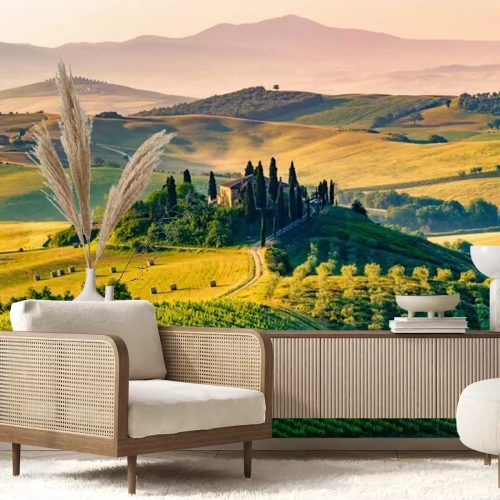 Fotobehang Toscaans landschap bij zonsopgang