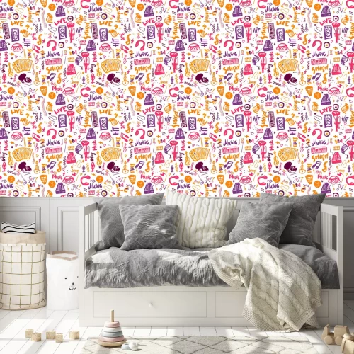 Behang Muziek symbolen grappige hand getekende naadloze patroon met elemens en belettering.