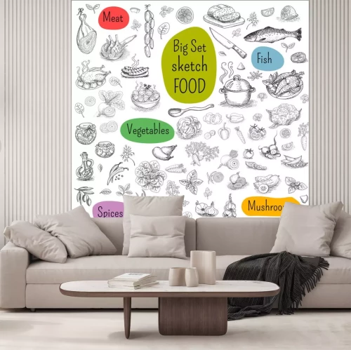 Sticker Grote reeks schets opgesteld Food, witte achtergrond. Vlees, vis, groenten, paddestoelen, specerijen. Hand getrokken vector illustratie