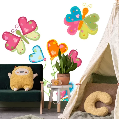 Sticker Regenboogbloemen en hartvormige vlinders