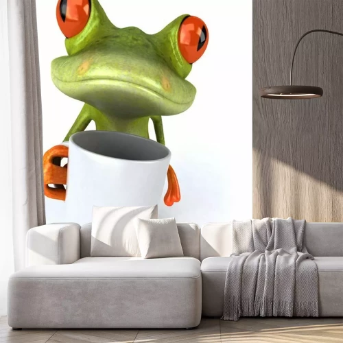Fotobehang Groene kikker met een kop koffie