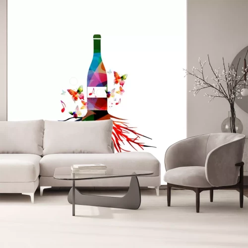 Sticker Kleurrijke wijnfles met boomwortel vector illustratie. Alcohol drinken en drinken achtergrond. Feestelijke feesten, evenementen en party design. Wijnmakerij, restaurant, wijnproeven design. fles geïso