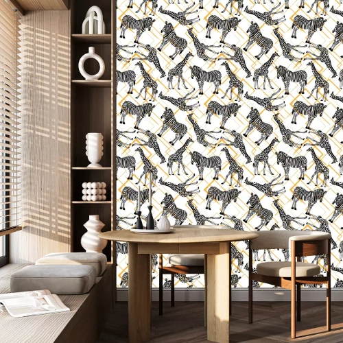 Behang Monochrome zebra's en giraffen op een gekleurde achtergrond