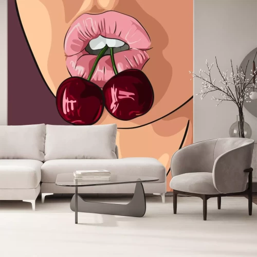 Sticker Vrouw met mooie lippen bijten cherry. vector illustratie