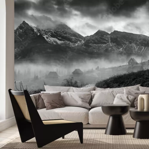 Fotobehang Zwart-wit berglandschap van de Tatra
