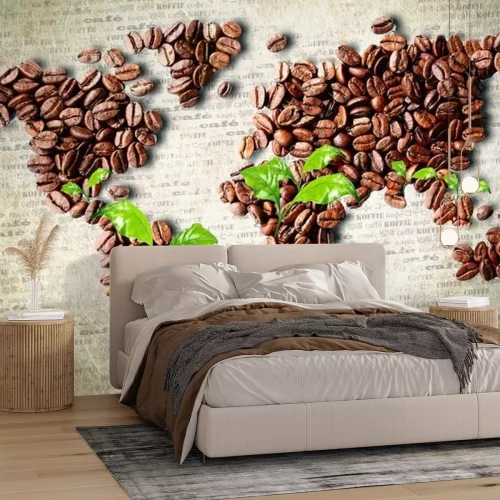 Fotobehang Wereldkaart opgesteld met koffiebonen