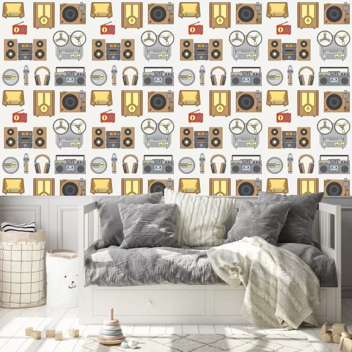 Behang Line flat vector icon set met retro elektrische audio-apparaten. Analoge uitzending. Muziekfan. Cartoon stijl. Nostalgia muzikale apparatuur. Vector illustratie en element voor uw ontwerp. Communicati