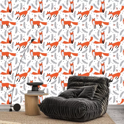 Behang Vossen en planten op een witte achtergrond