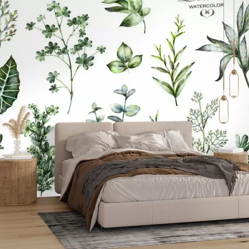 Fotobehang Aquarelcollectie van kruiden en exotische bladeren