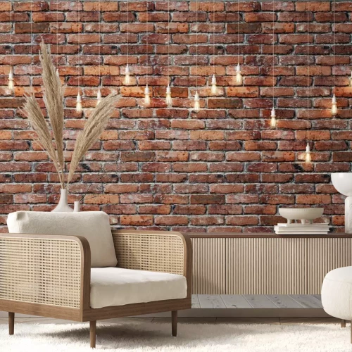 Fotobehang Gloeilampen tegen een bakstenen muur