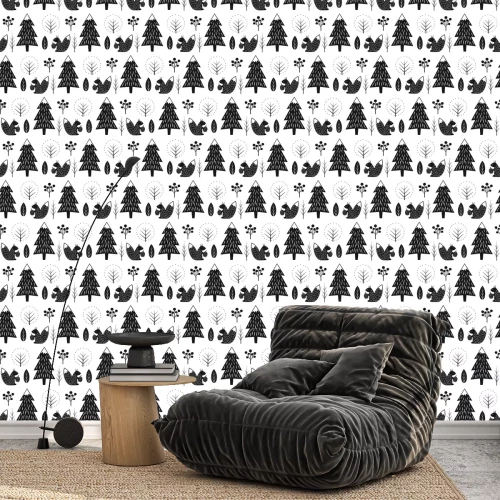 Behang Zwart-wit Scandinavisch patroon met eekhoorns in het bos