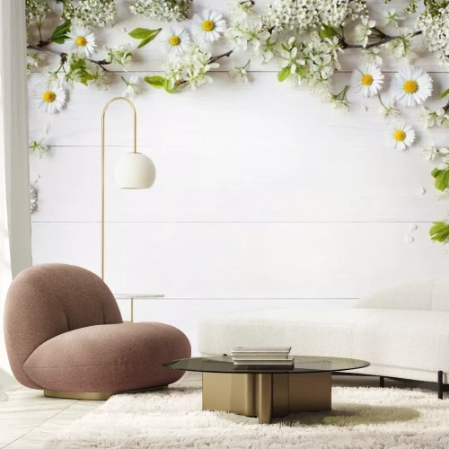 Fotobehang Madeliefjes op witte borden