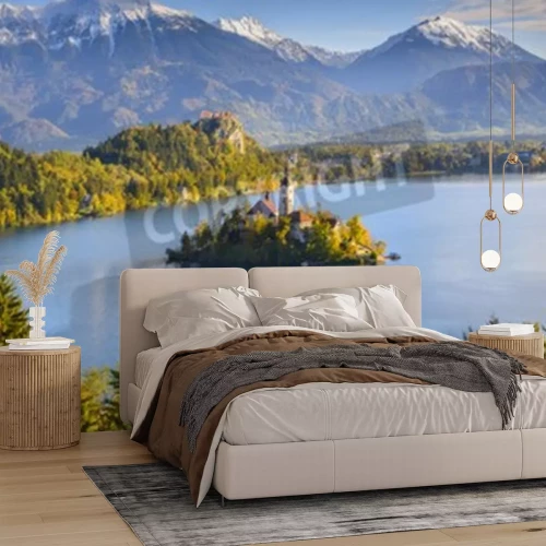 Fotobehang Panoramisch uitzicht op het meer van Bled, Slovenië