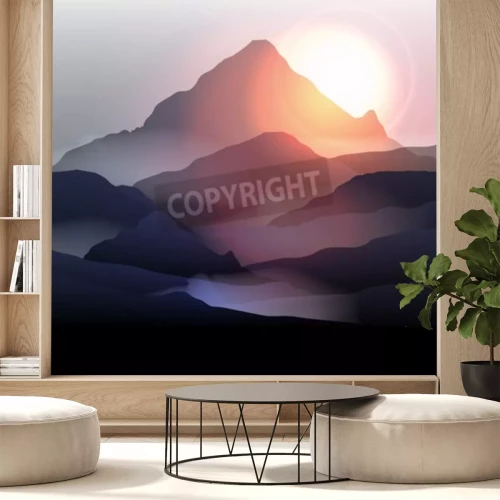 Fotobehang Grafische zonsopgang achter de bergen