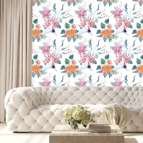 Behang Kranen en kleurrijke bloemen