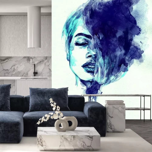 Sticker Blauwe aquarelverfschilderij van een meisjesgezicht