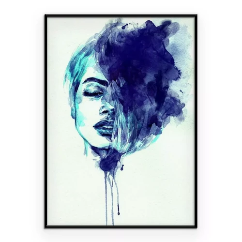 Poster Blauwe aquarelverfschilderij van een meisjesgezicht