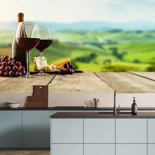 Fotobehang Wijn met kaas op plankjes