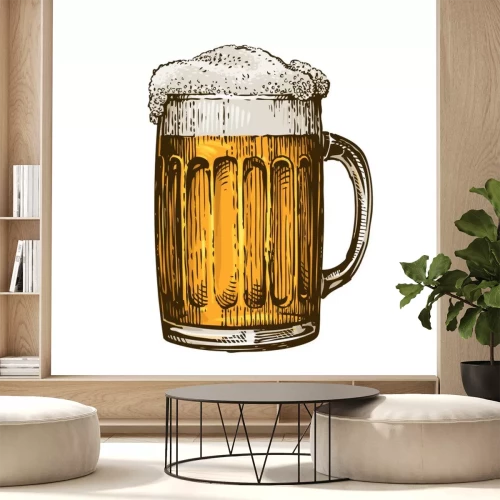 Sticker Bier in glas mok met schuim. Hand getrokken vector illustratie