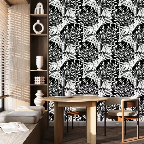 Behang Naadloze patroon, getrokken vector hand herhalen illustratie, decoratieve sier gestileerde eindeloze bomen. Zwart en wit astract seamles grafische illustratie. Artistiek lijntekening silhouet.