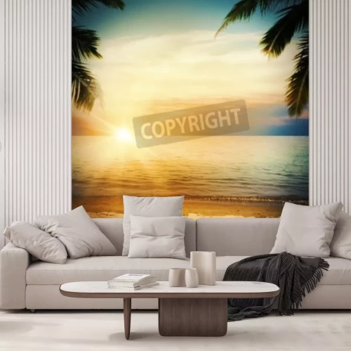 Fotobehang Zonsopgang boven een retro zee