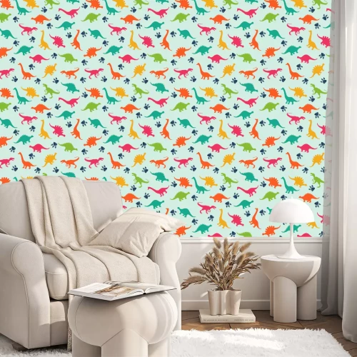 Behang Kleurrijke dinosaurussen en voetafdrukken
