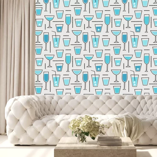 Behang Moderne naadloze patroon met cocktail drinken in blauw, zwart en room.