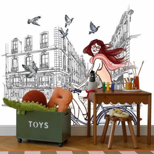 Fotobehang Een vrouw fietst in Parijs