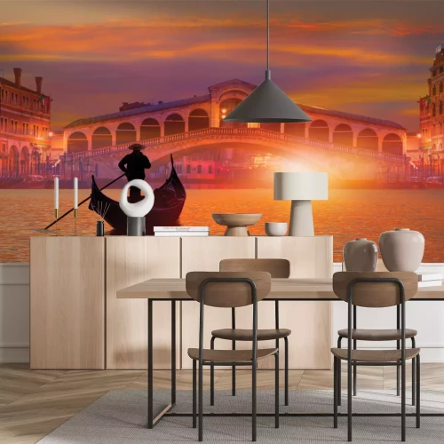 Fotobehang Panorama van Venetië tijdens zonsondergang op een gondel