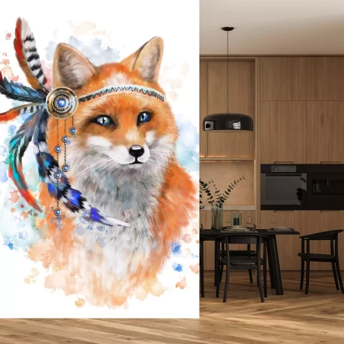 Sticker .fox met rode en blauwe veren. goud jewerly met edelstenen en veren op aquarel achtergrond. Splash verf. Etnische vosillustratie. Tribal vos, geïsoleerde