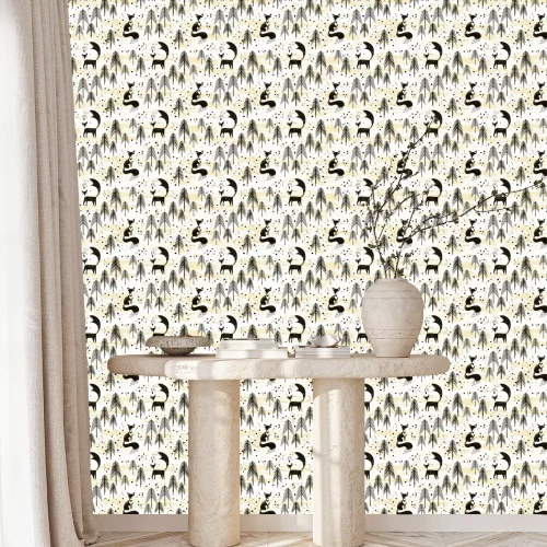 Behang Zwarte vossen en bomen op gele achtergrond