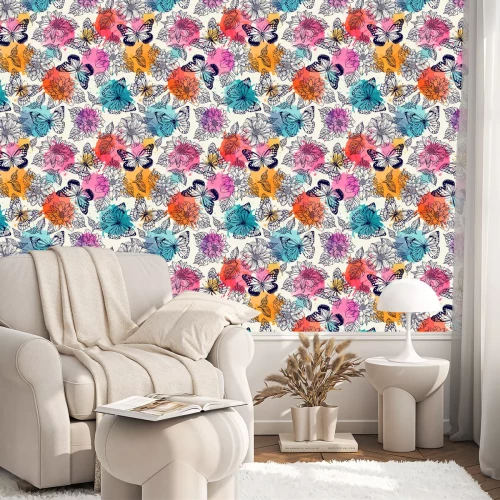 Behang Vlinders en bloemen op een aquarel achtergrond