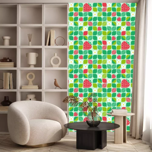 Behang Geometrische bloemen en aardbeienbladeren