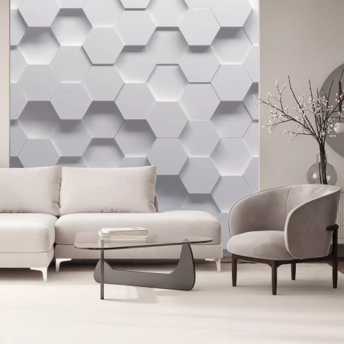 Fotobehang Geometrisch 3D-patroon in tinten grijs en wit