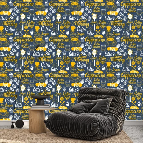 Behang Naadloze schets achtergrond. Hot drankenkaart. Vector illustratie patroon met kop, koffiezetapparaat, bonen, lepel, labels.