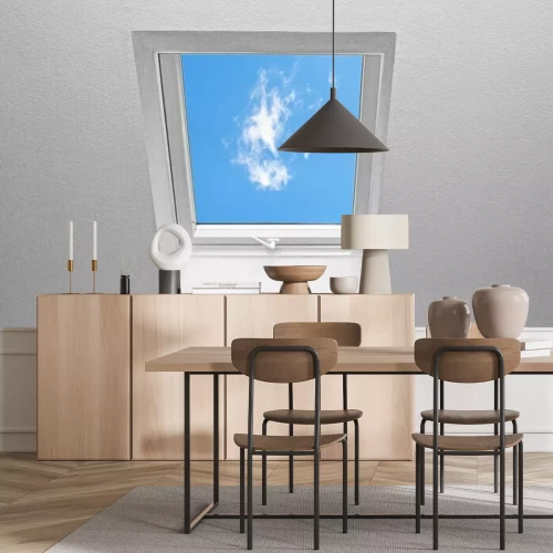 Fotobehang Uitzicht door het raam op een blauwe lucht met wolken