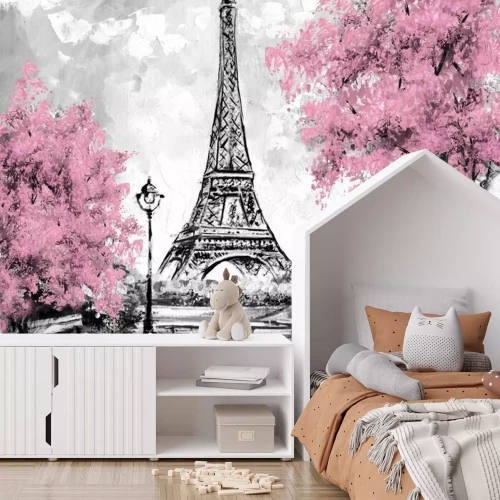 Fotobehang Schets van de Eiffeltoren en roze bomen