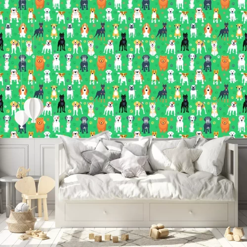 Behang Honden van verschillende rassen op een groene achtergrond