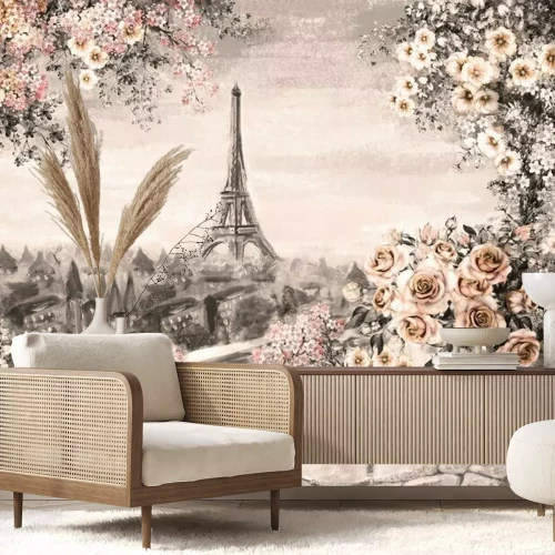 Fotobehang Een rozenboeket op een terras in Parijs