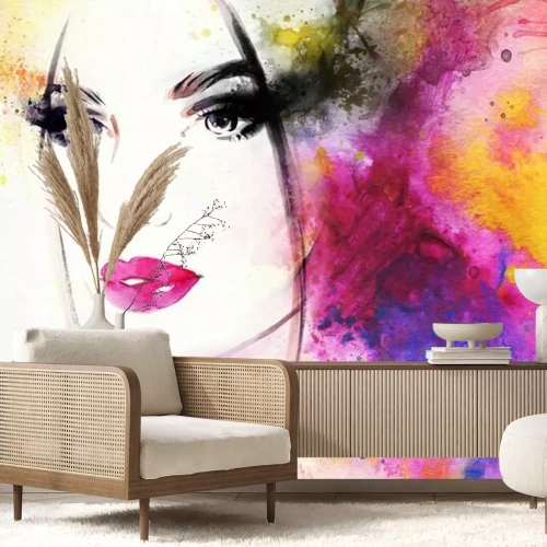 Fotobehang Portret van een meisje op een kleurrijke achtergrond