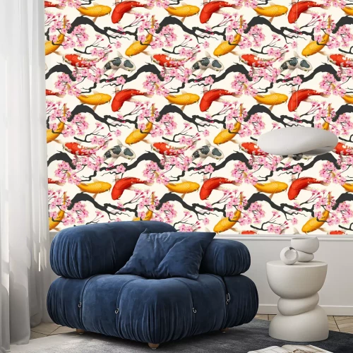 Behang Vis en roze bloemen in oosterse stijl
