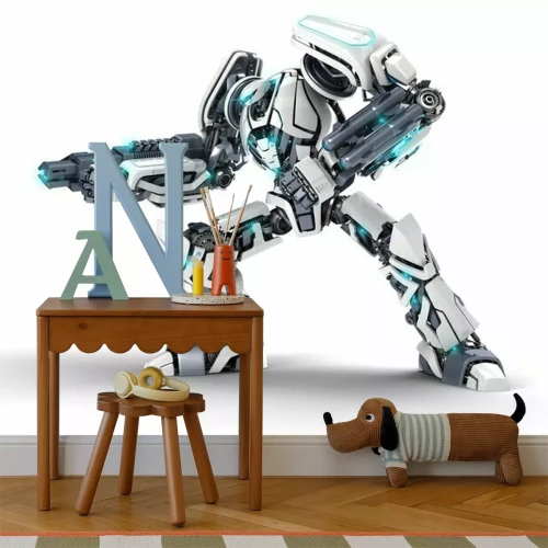 Sticker Futuristische witte robot met gloeiende elementen