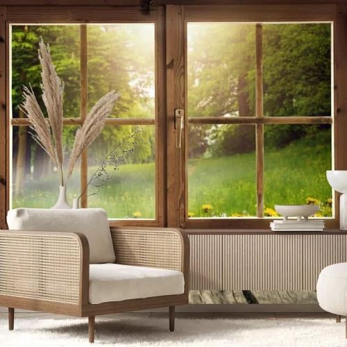 Fotobehang Houten raam met uitzicht op de weide