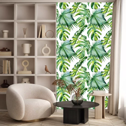 Behang Naadloze aquarel illustratie van tropische bladeren, dichte jungle. Hand geschilderd. Banner met tropische zomer motief kan worden gebruikt als achtergrond textuur, inpakpapier, textiel of behang ontw